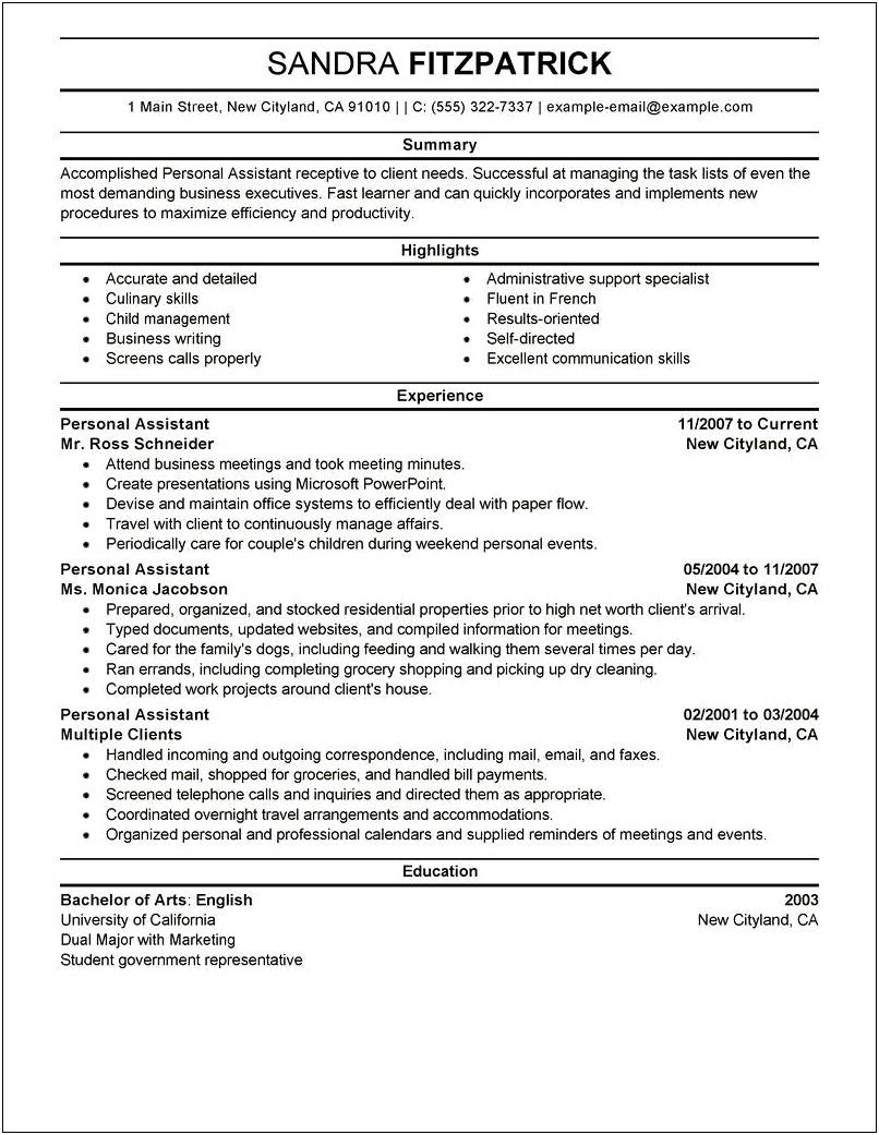Example Of A Resume Personal Profile