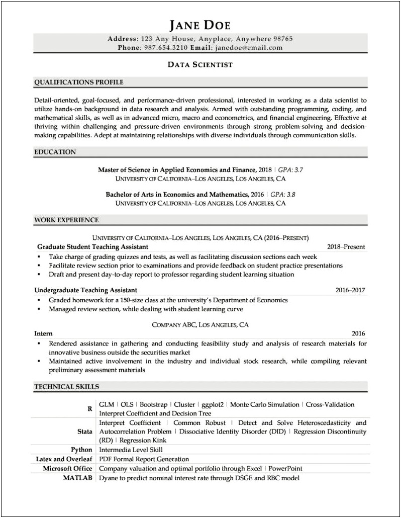 Example Of A Resume Work Experience
