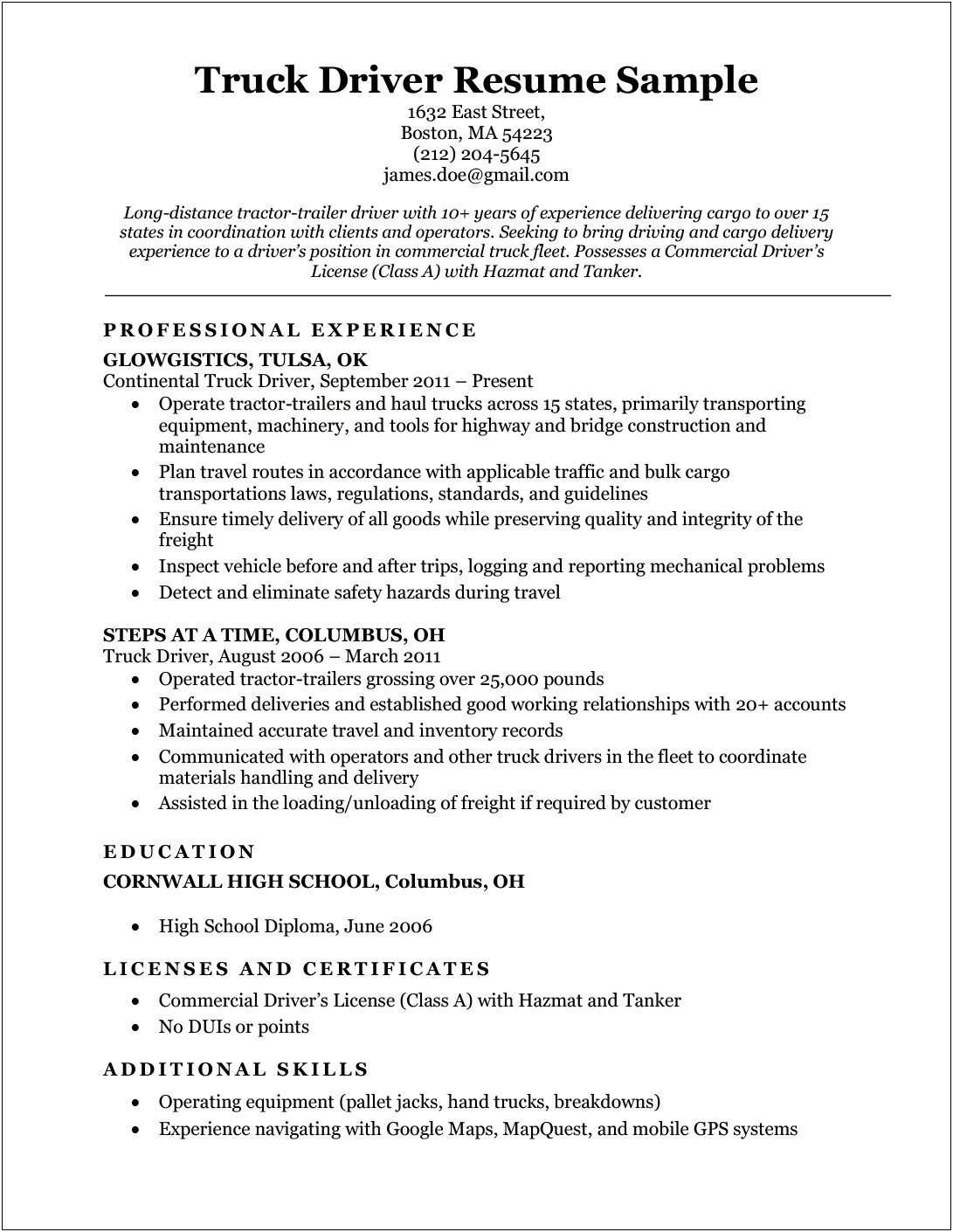 Example Of A School Bus Driver Resume