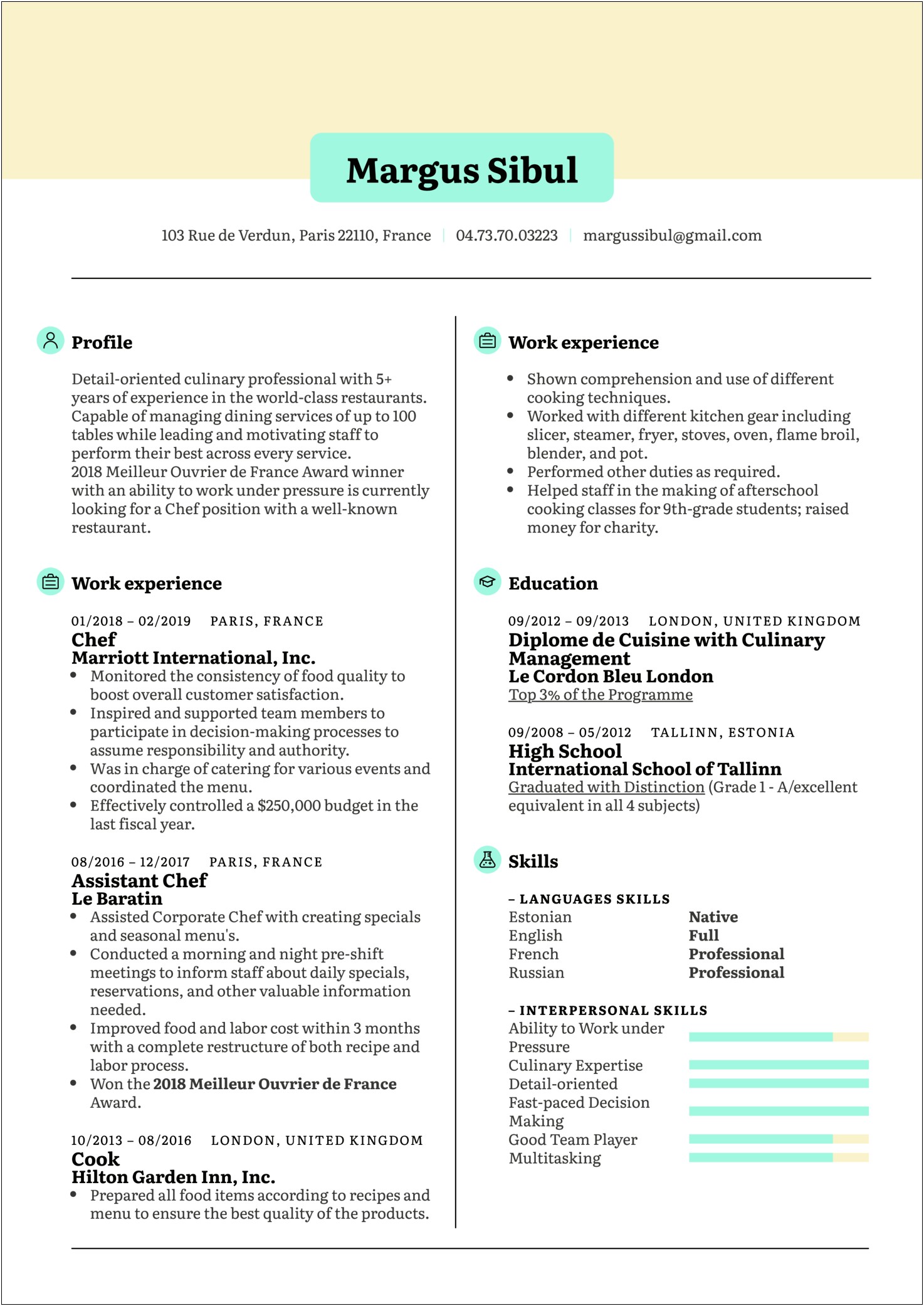 Example Of A Sous Chef Resume