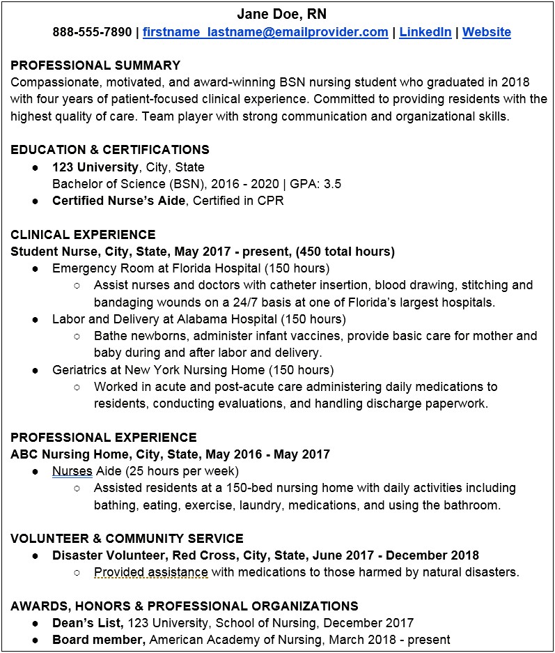 Example Of A Student Nurse Resume