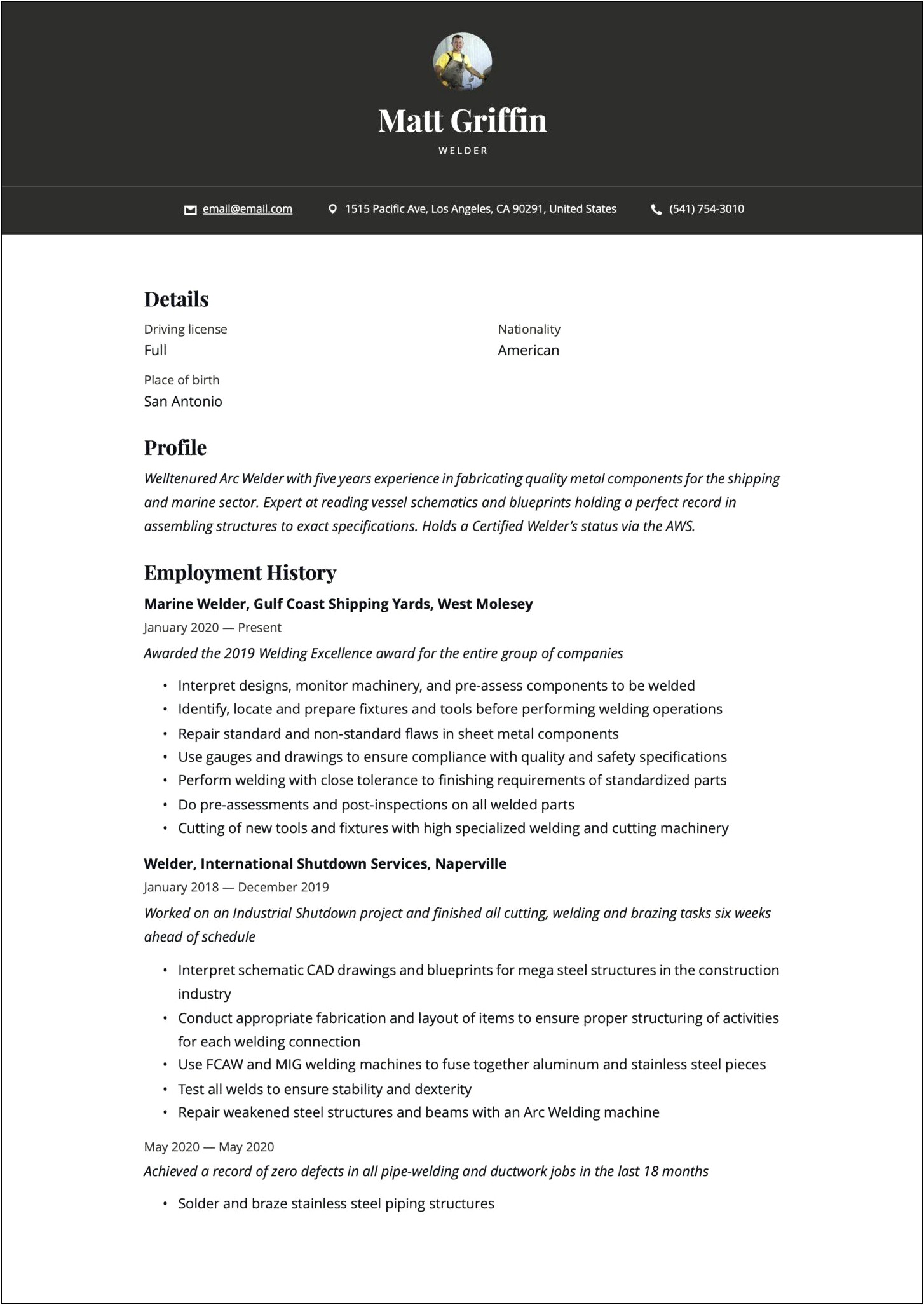 Example Of A Summary For A Welder Resume