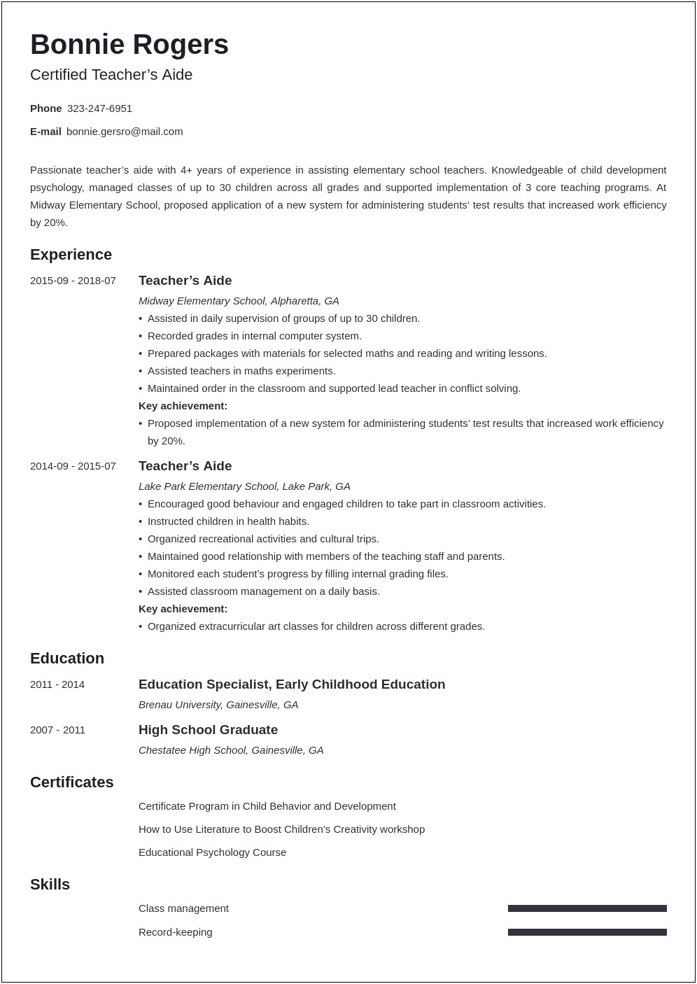 Example Of A Teacher Aide Resume