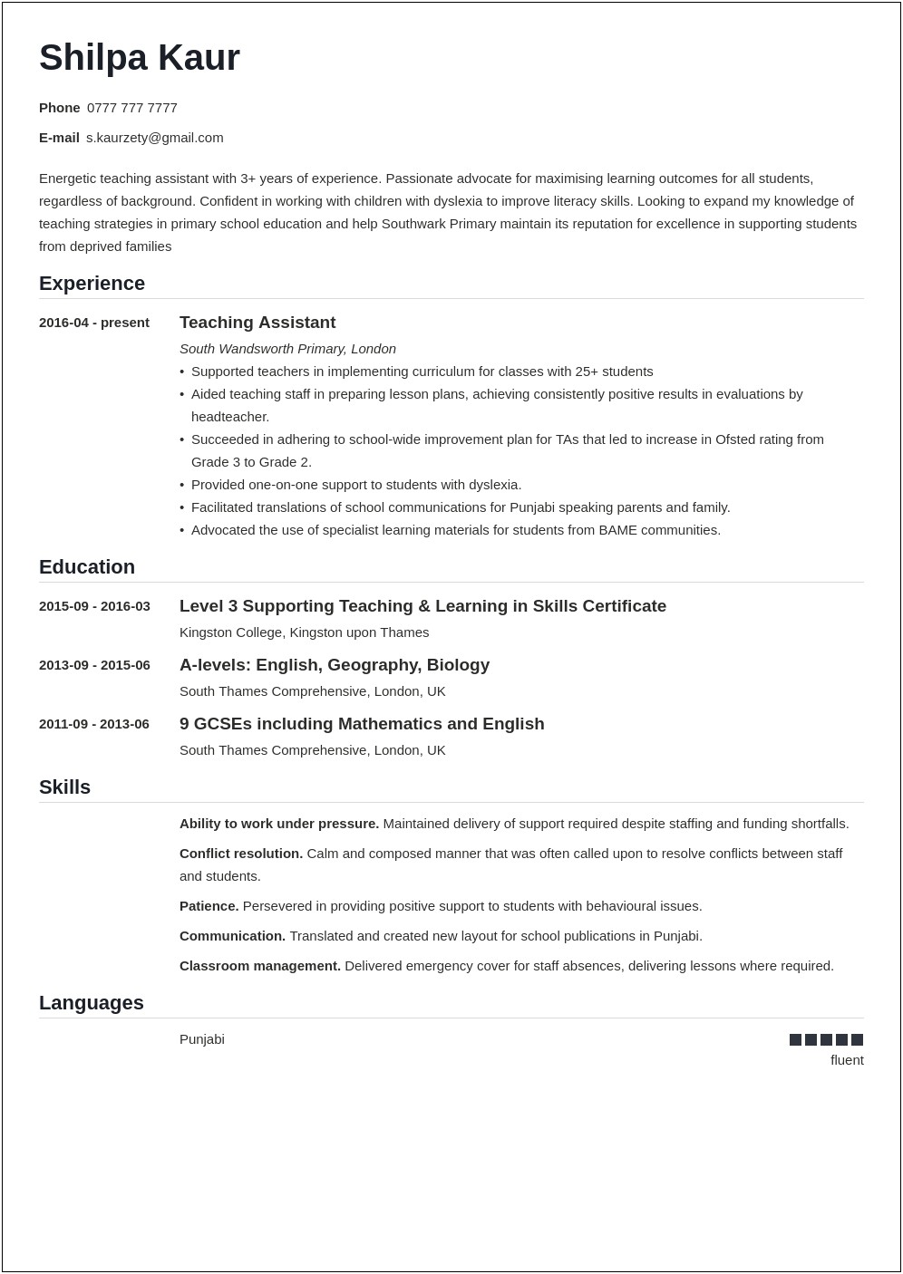 Example Of A Teacher Assistant Resume