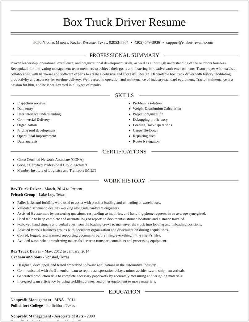 Example Of A Truck Drivers Resume