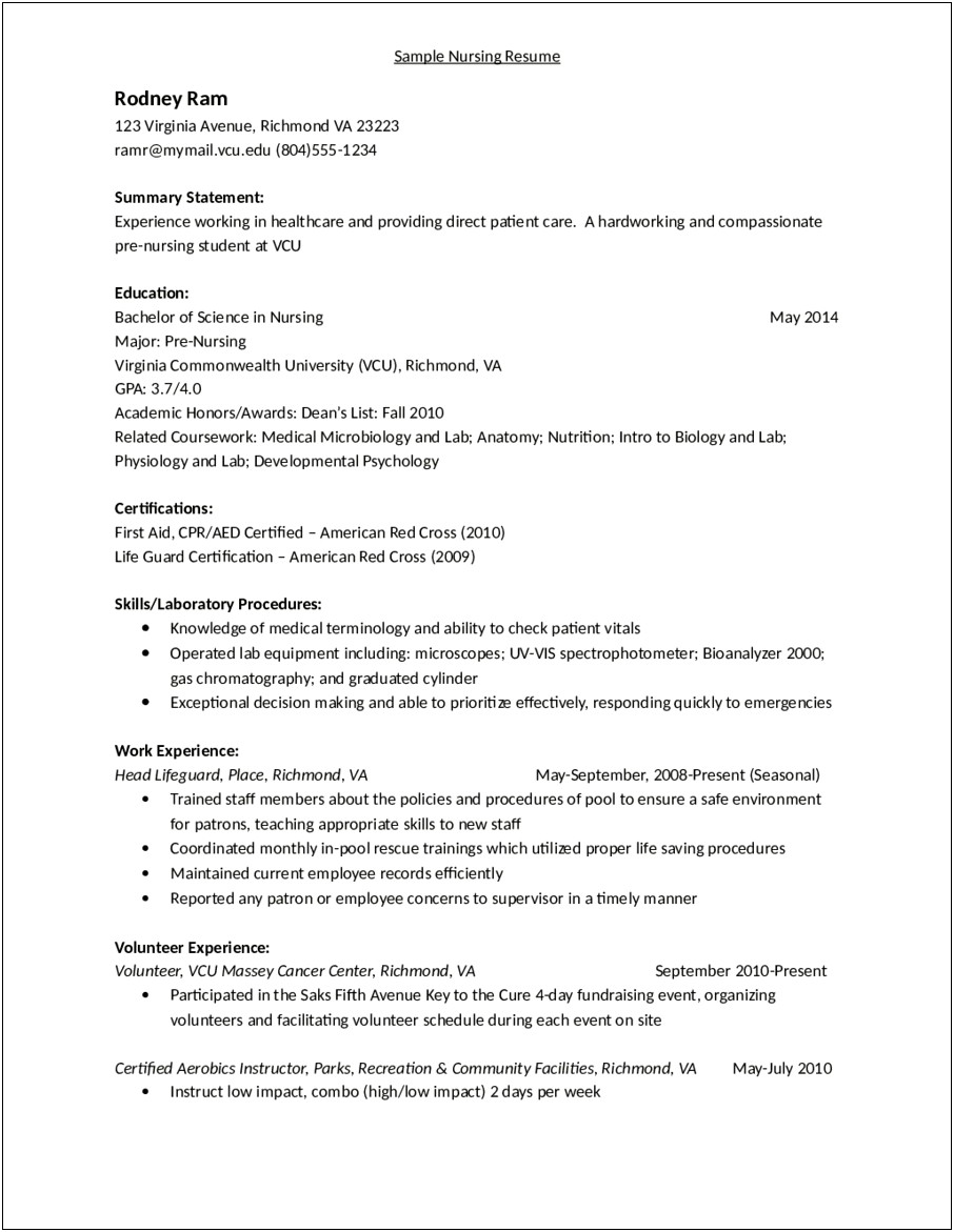Example Of A Va Nursing Resume