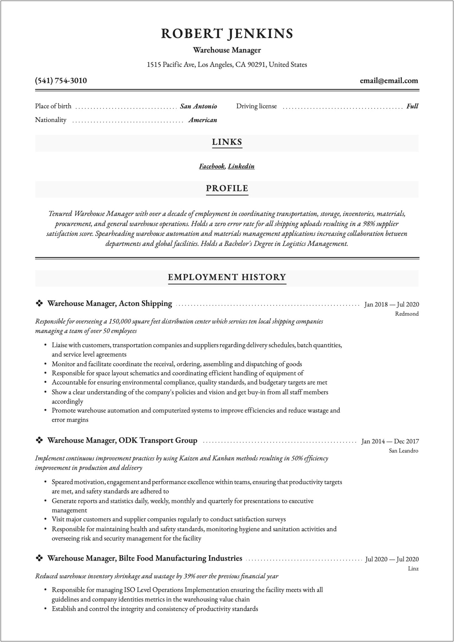 Example Of A Warehouse Manager Resume