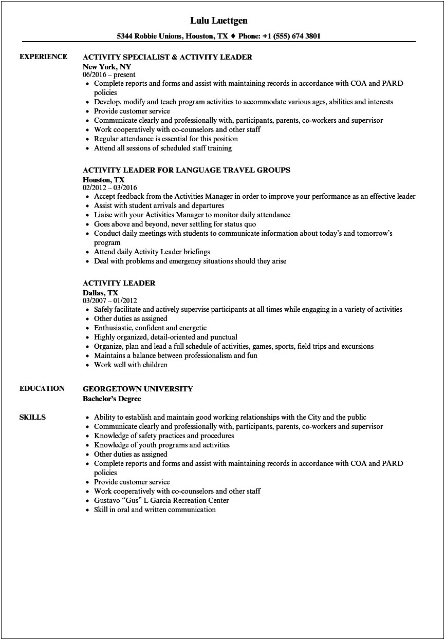 Example Of Activities Section For A Resume