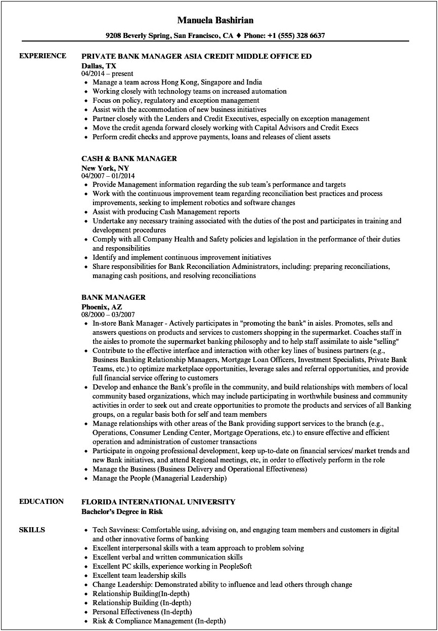 Example Of An Assistant Branch Manager Resume