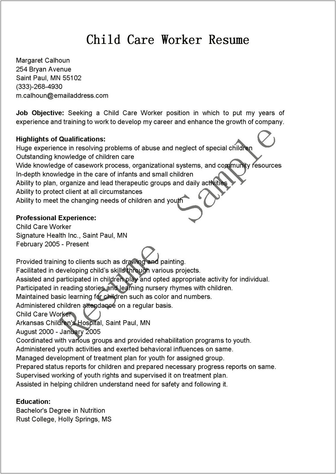 Example Of Child Care Provider Resume