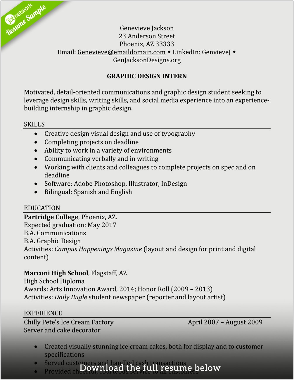 Example Of College Student Resume For Internship