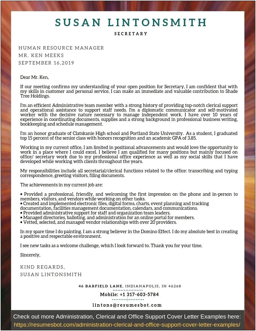 Example Of Cover Letter For Resume For Secretary