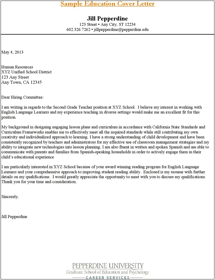 Example Of Education Cover Letter For Resume