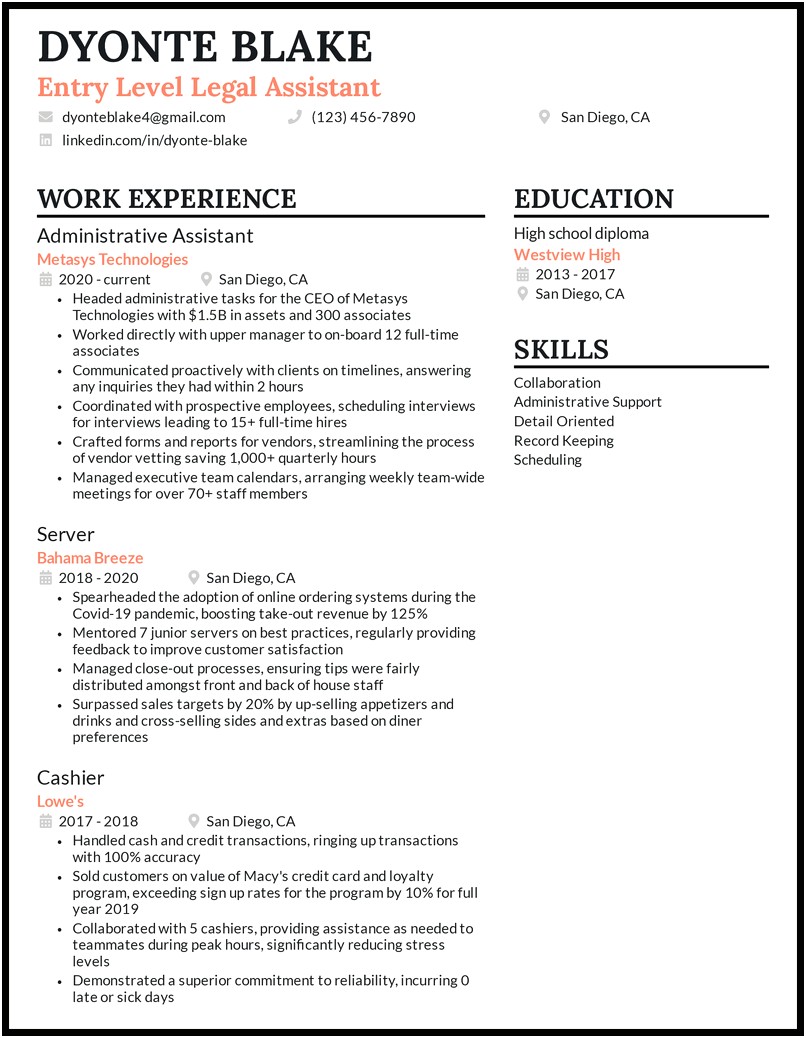 Example Of Entry Level Paralegal Resume