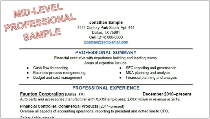 Example Of Experience Section On Resume