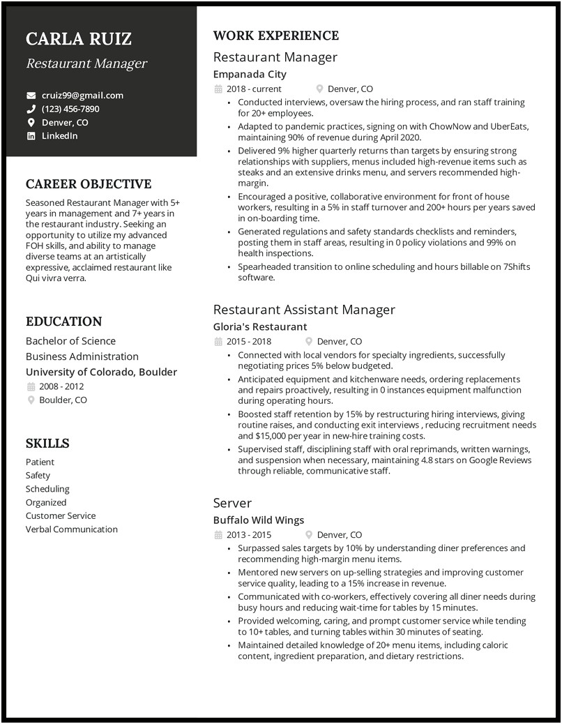 Example Of Fast Food Restaurant Resume