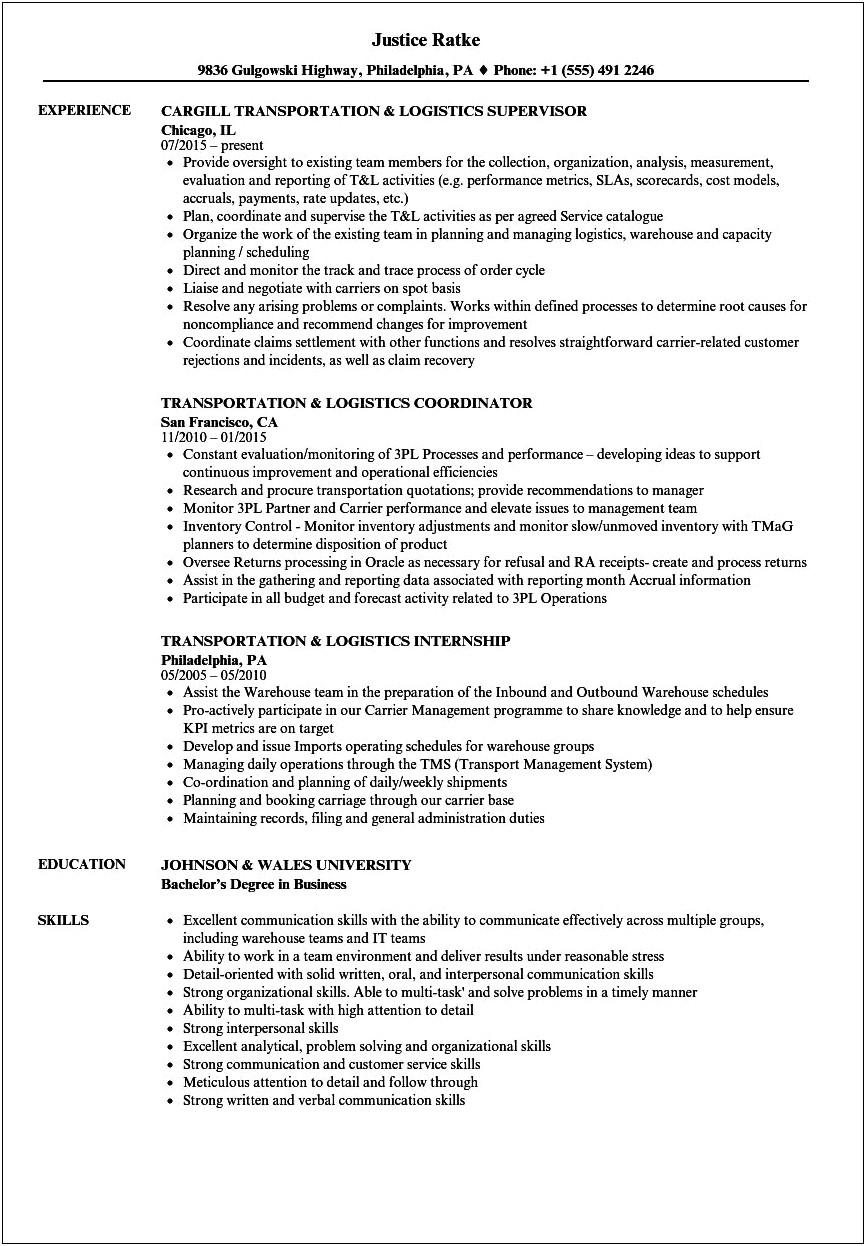Example Of Federal Resume For Transportation