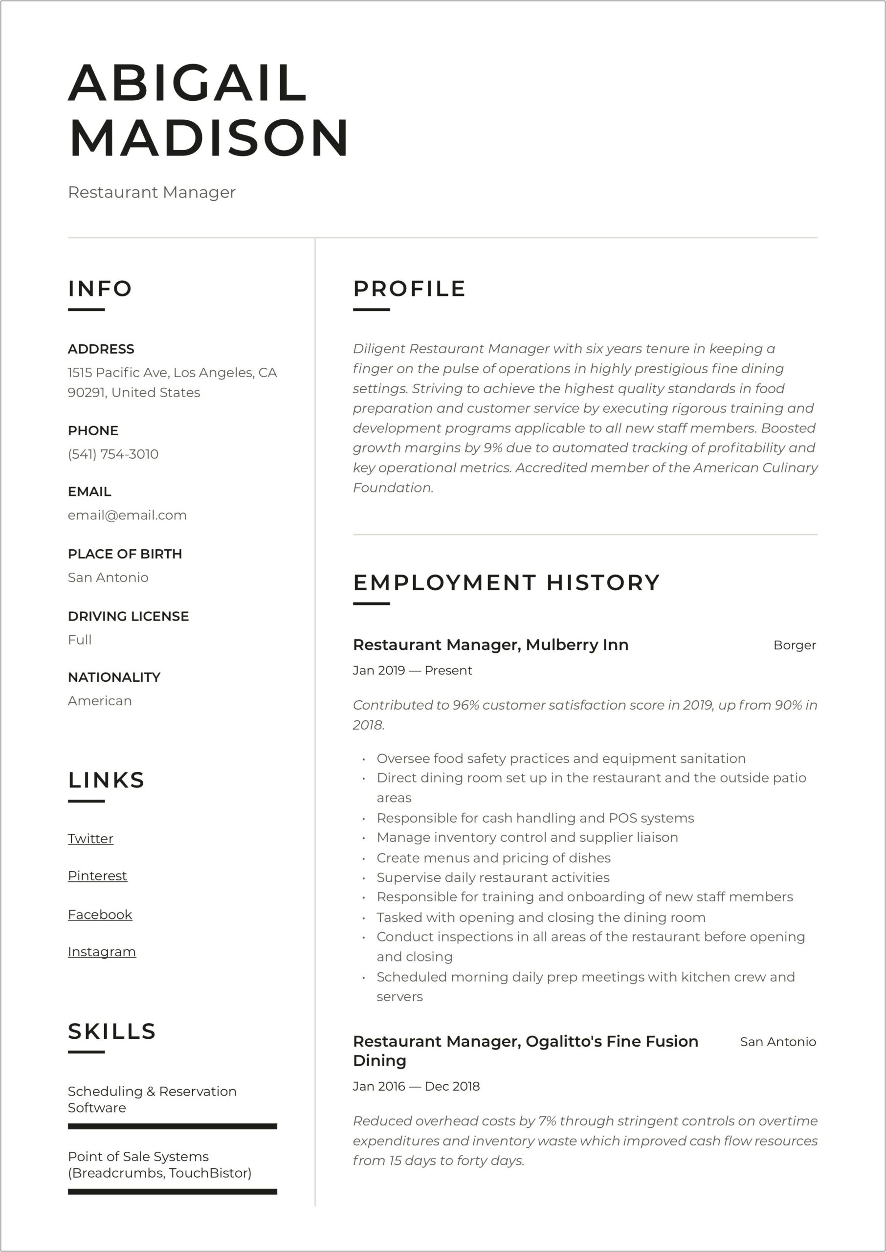 Example Of Food Service Manager Resume