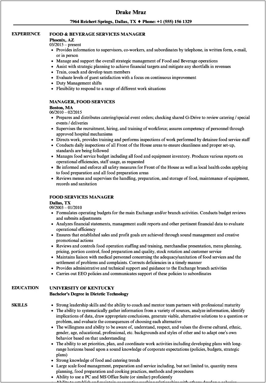 Example Of Food Service Supervisor Resume