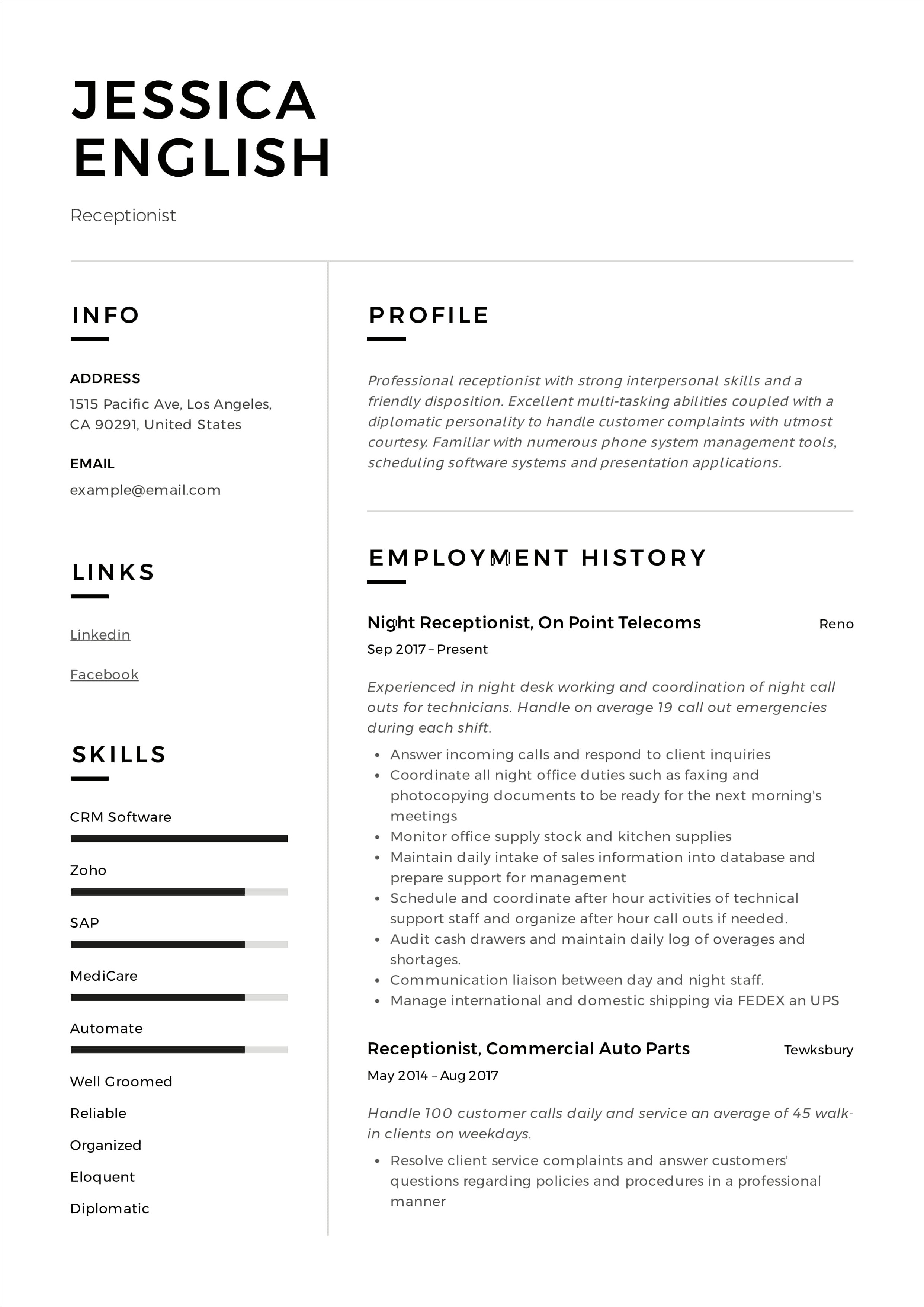 Example Of Front Desk Receptionist Resume