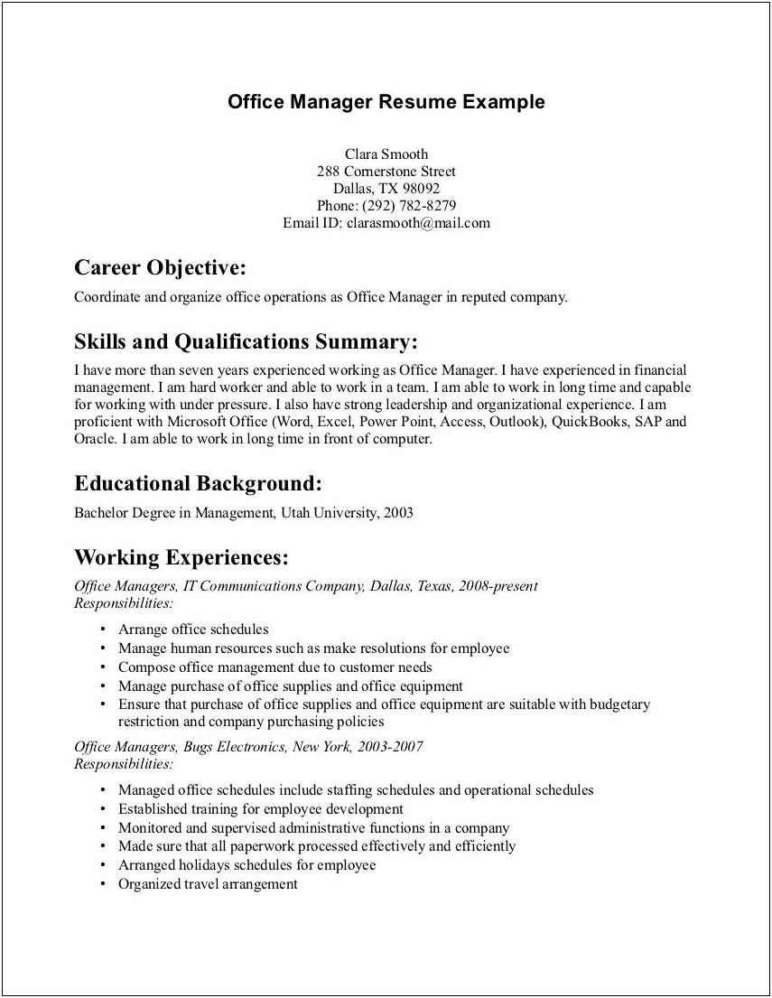 Example Of Front Office Manager Resume