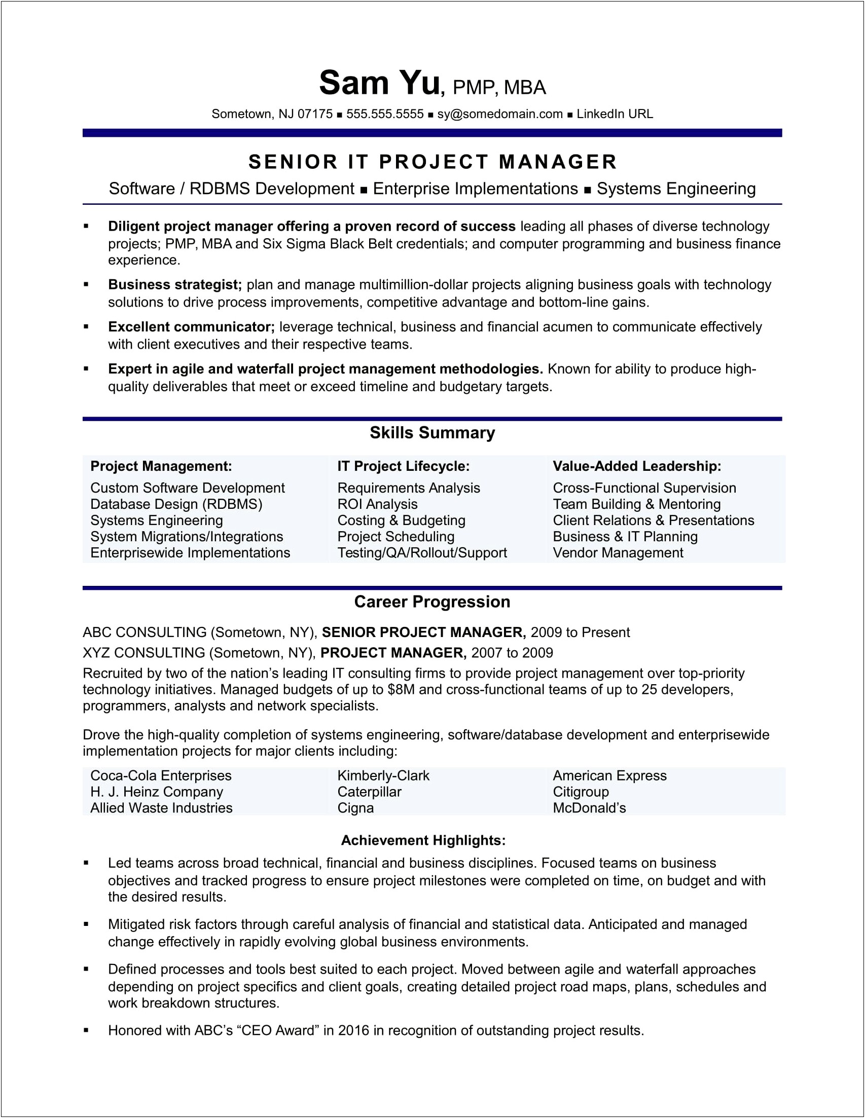 Example Of Good Project Manager Resume