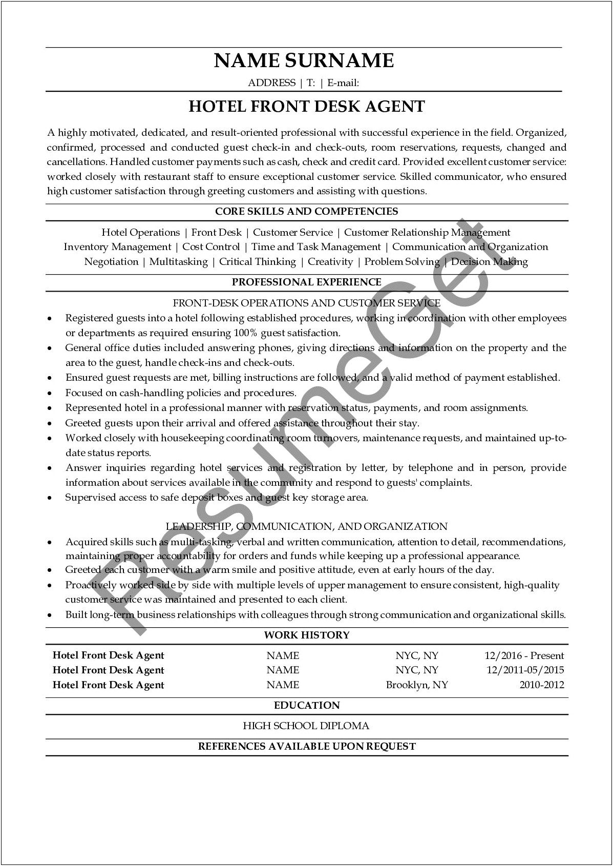 Example Of Hotel Front Desk Resume