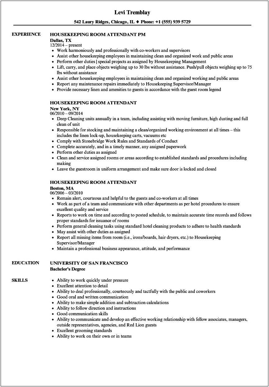Example Of Hotel Room Attendant Resume