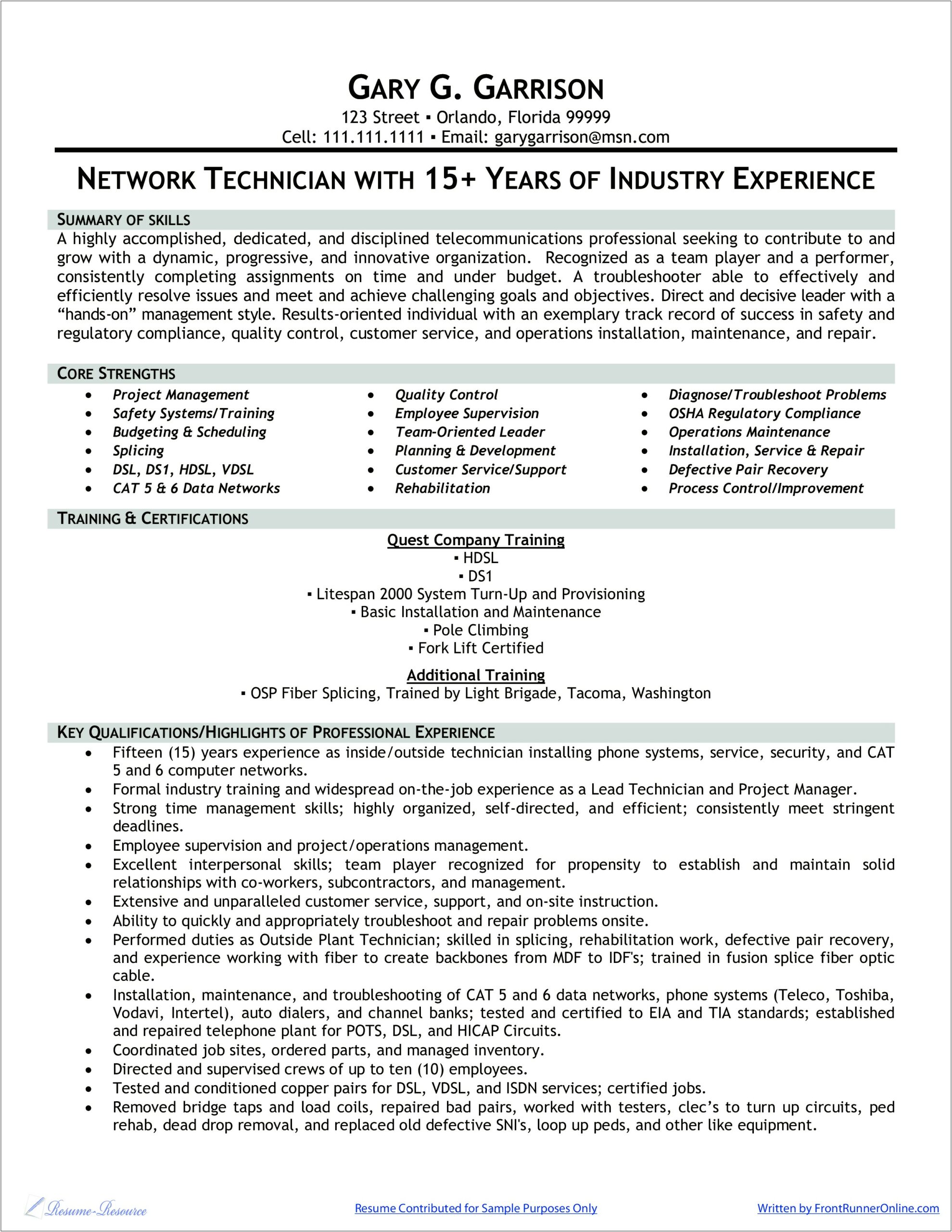 Example Of It Network Technician Resume