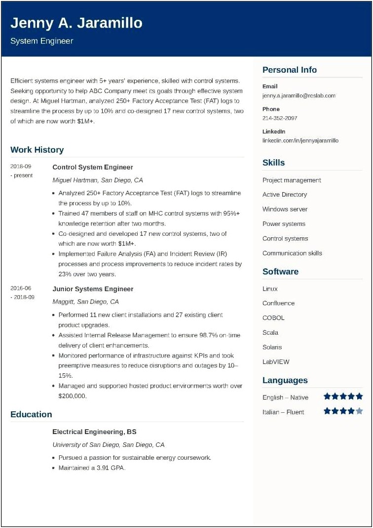 Example Of It Systems Engineer Resume
