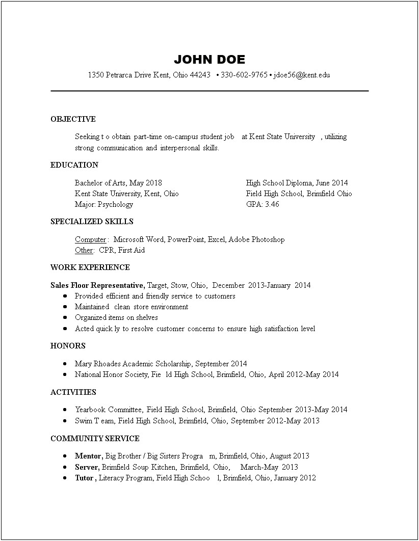 Example Of Job Resume For Student