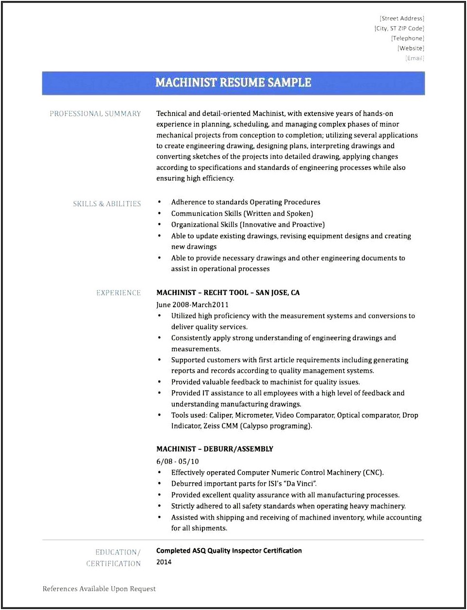 Example Of Machine Operator Objective Resume
