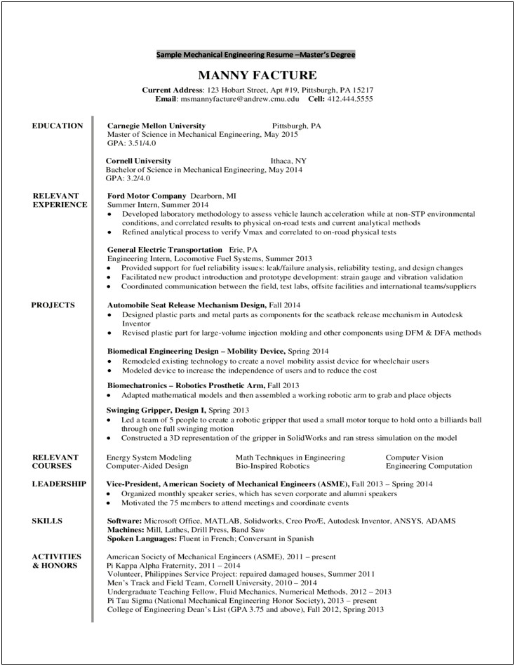 Example Of Mechanical Engineering Resume With Experience