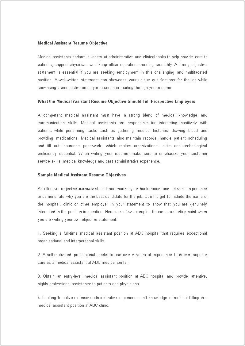 Example Of Medical Assistant Resume Objective