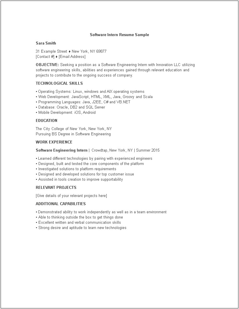 Example Of Objective For Internship Resume