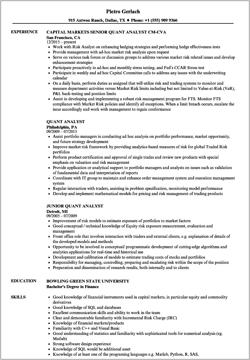 Example Of Objective In A Quantitative Finance Resume