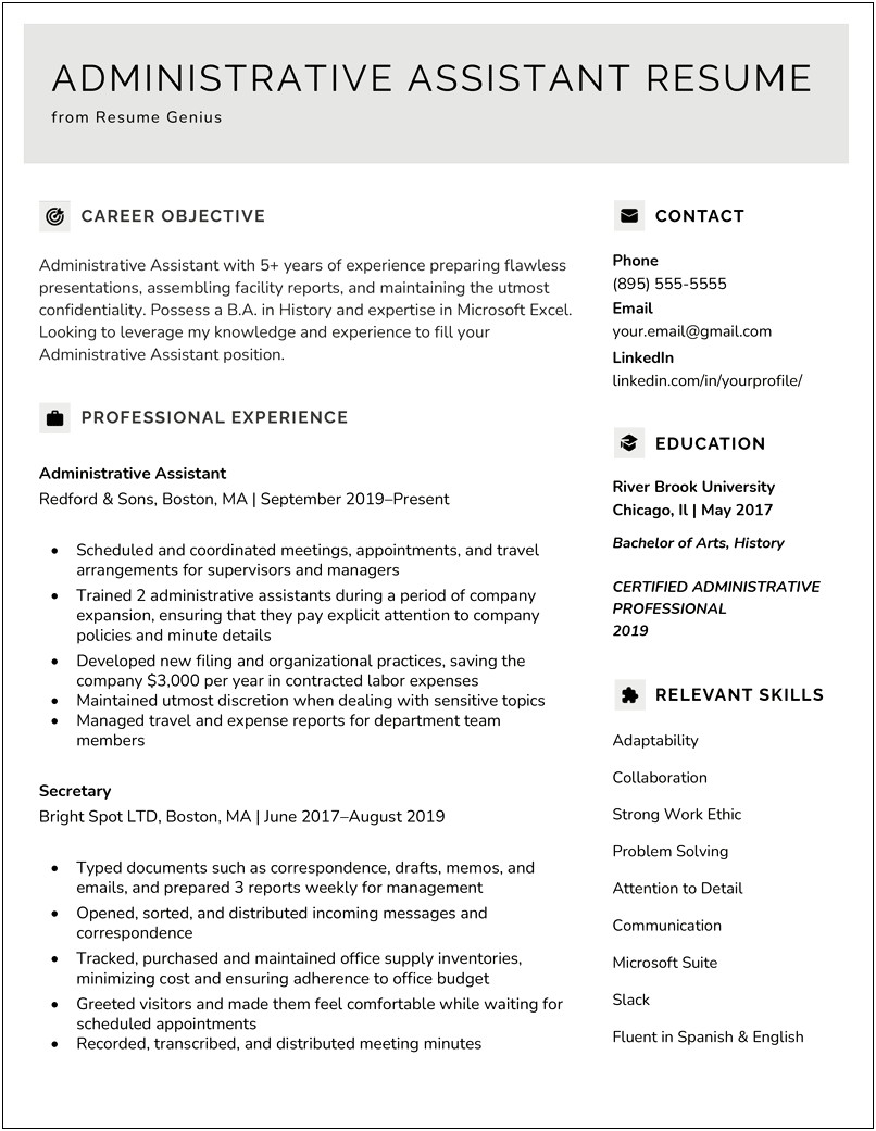 Example Of Objective In Resume For Administrative Assistant
