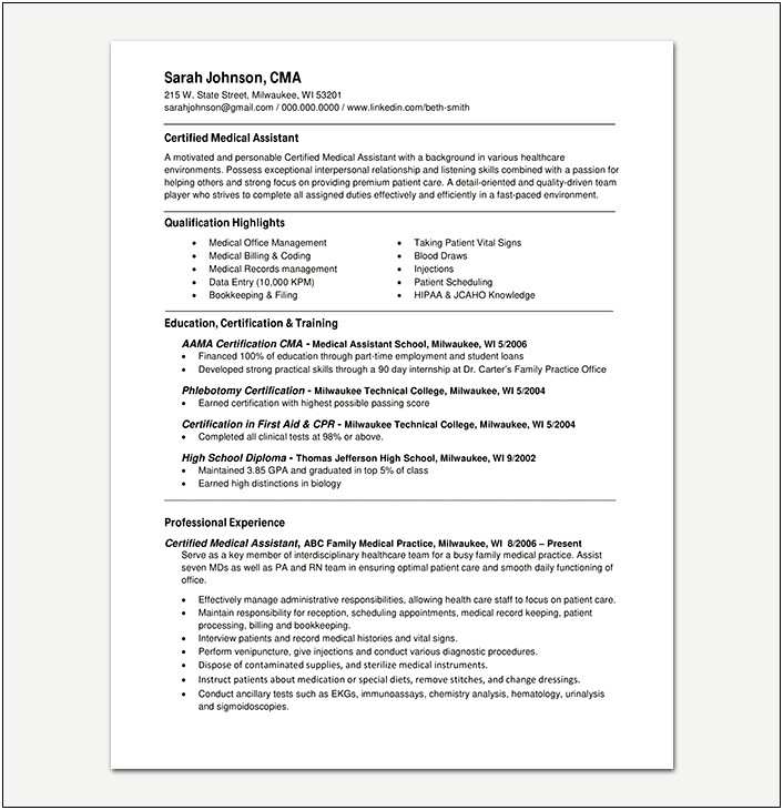 Example Of Professional Highlights Medical Assistant Resume