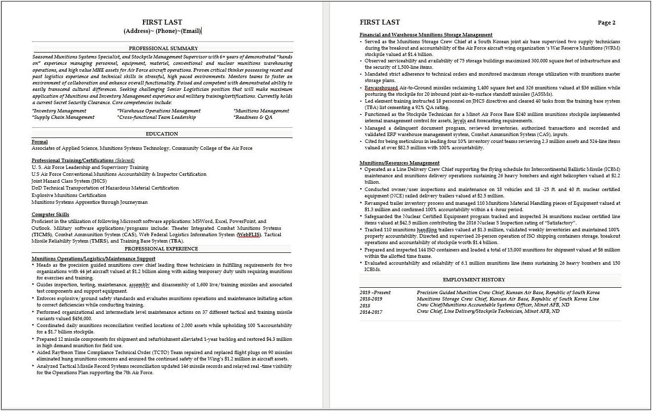 Example Of Putting Army Experience On Resume