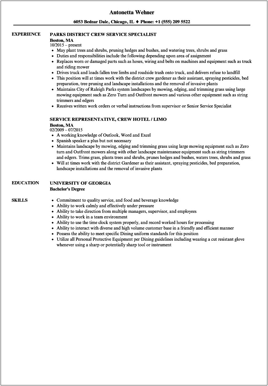 Example Of Resume As Service Crew