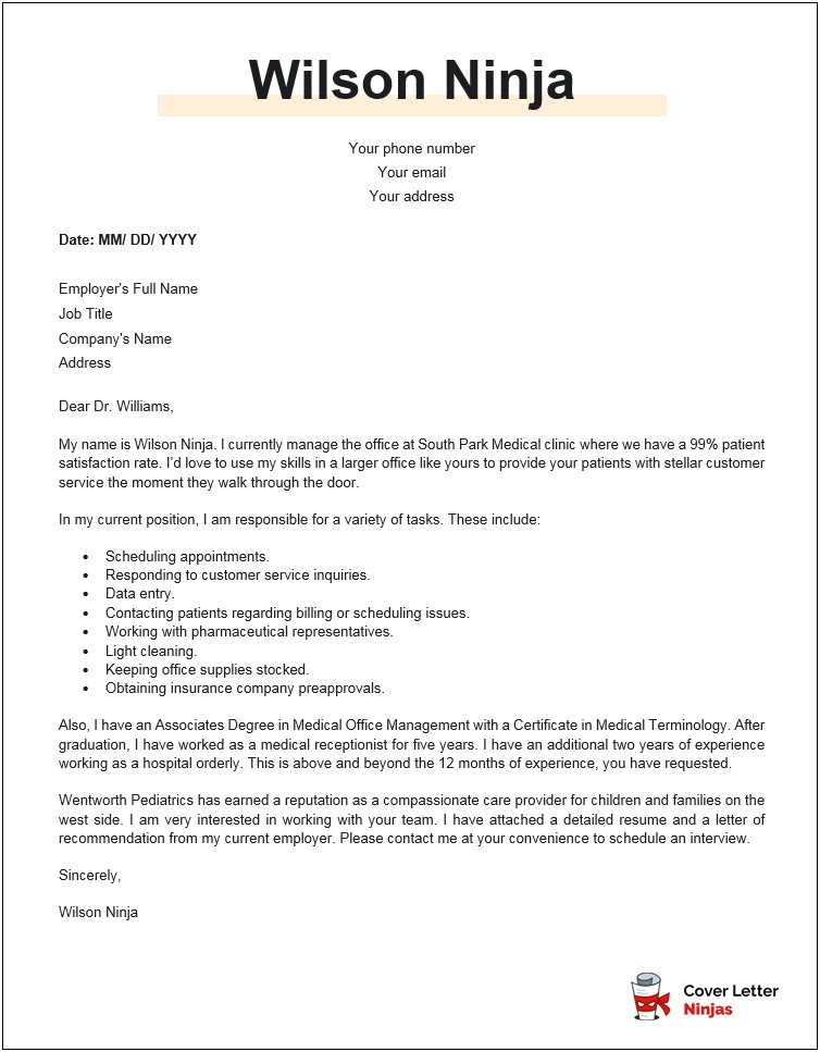 Example Of Resume Cover Letter For Receptionist