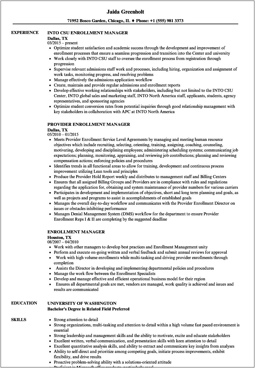 Example Of Resume Executive Summary And Enrollment Management