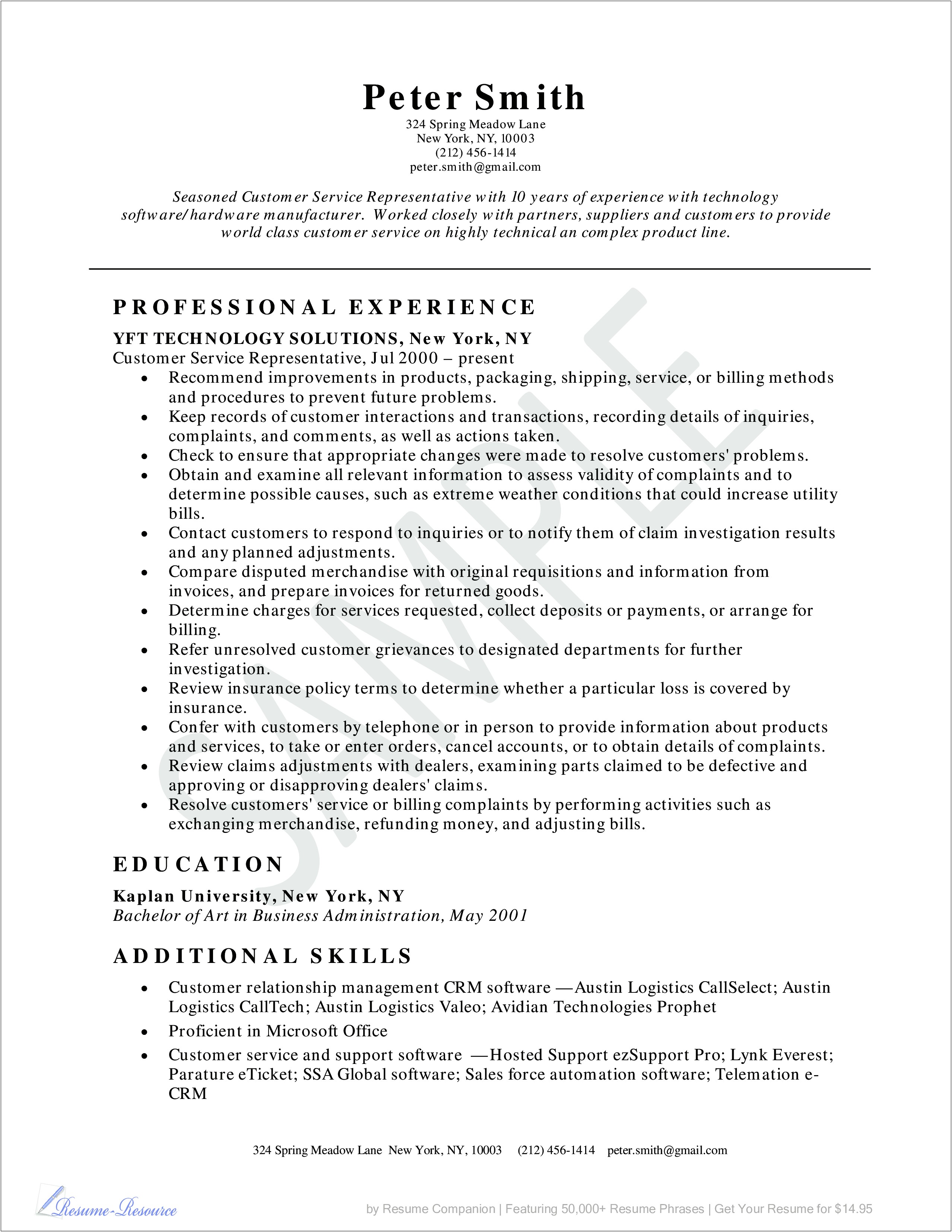 Example Of Resume For A Customer Service Representative