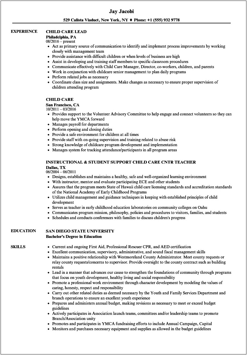 Example Of Resume For A Daycare