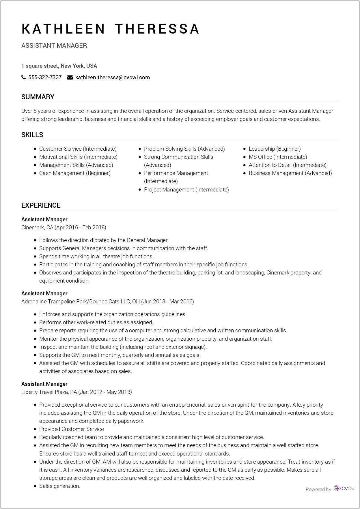 Example Of Resume For Assistant Manager