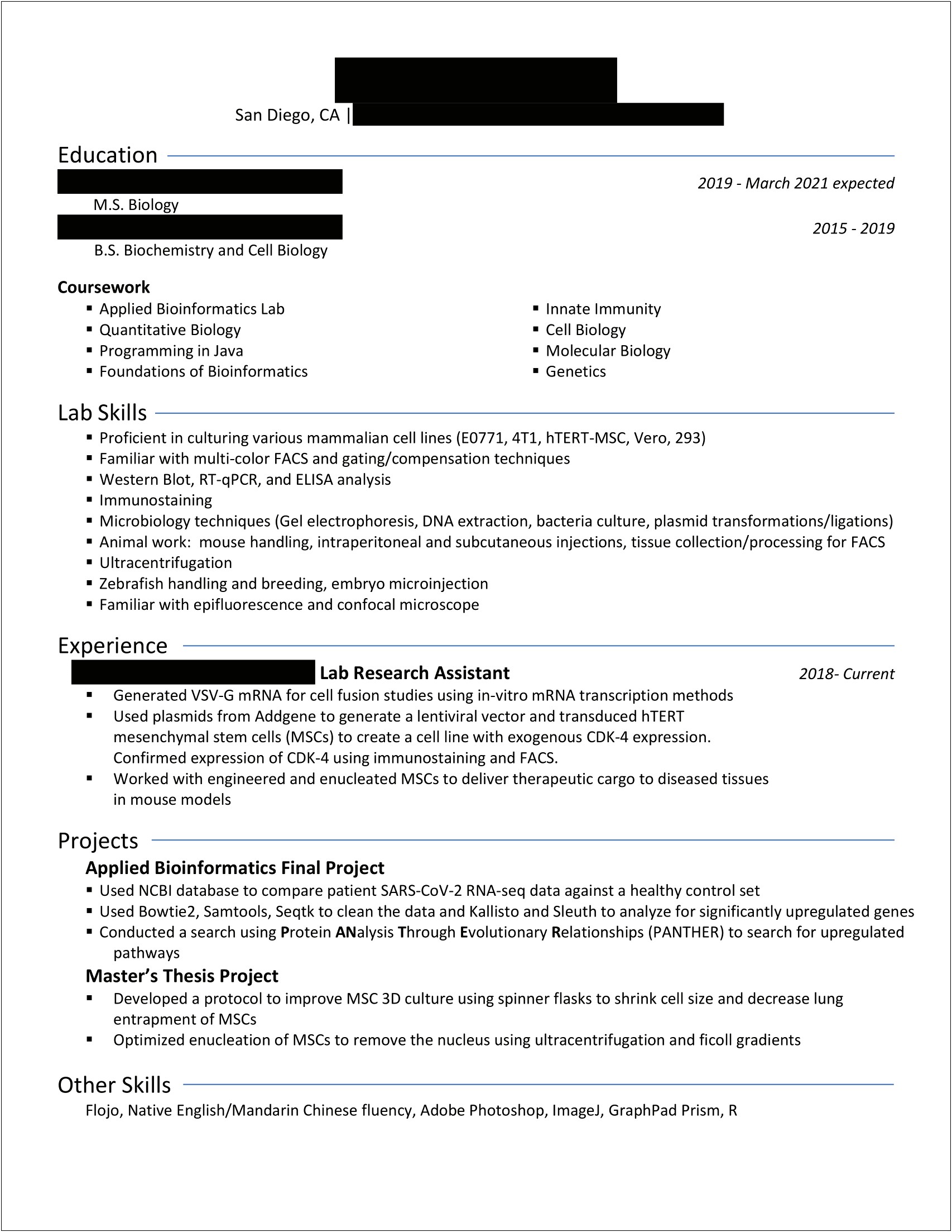 Example Of Resume For Biology Graduate