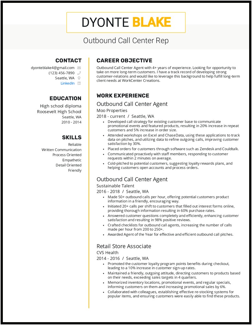 Example Of Resume For Call Center Agent