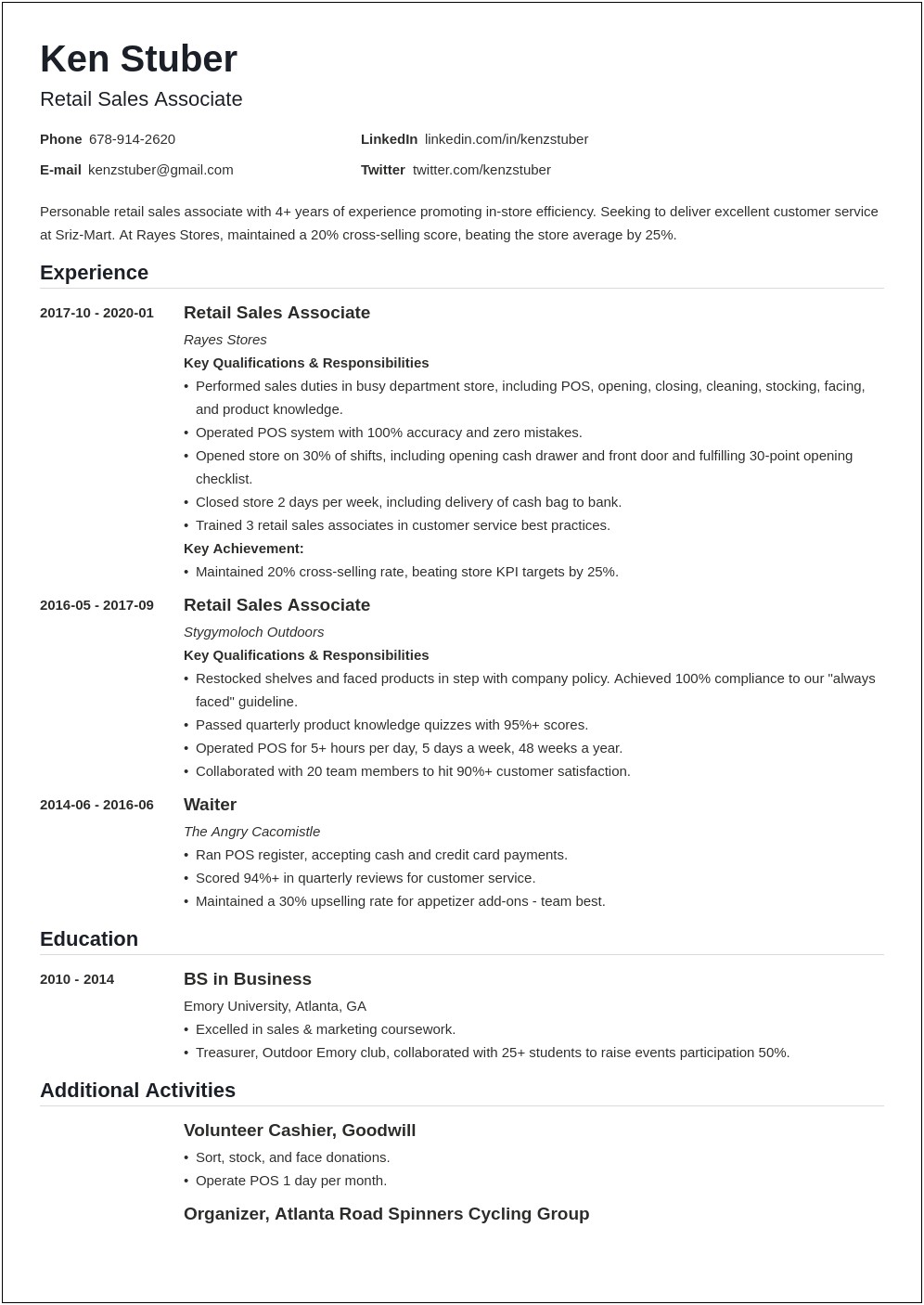 Example Of Resume For Clothing Store