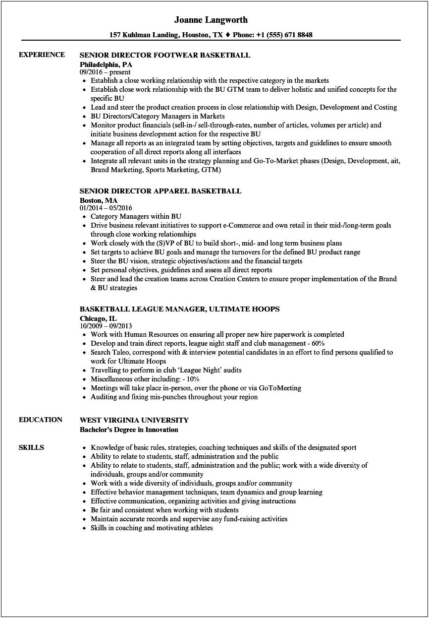 Example Of Resume For College Basketball Coach