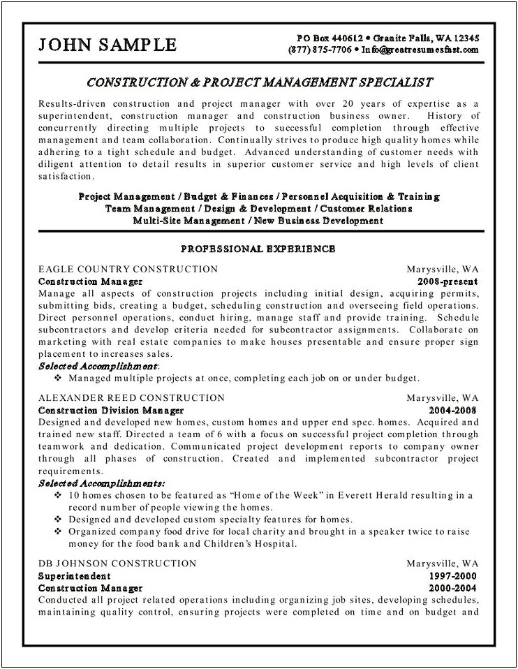 Example Of Resume For Construction Management